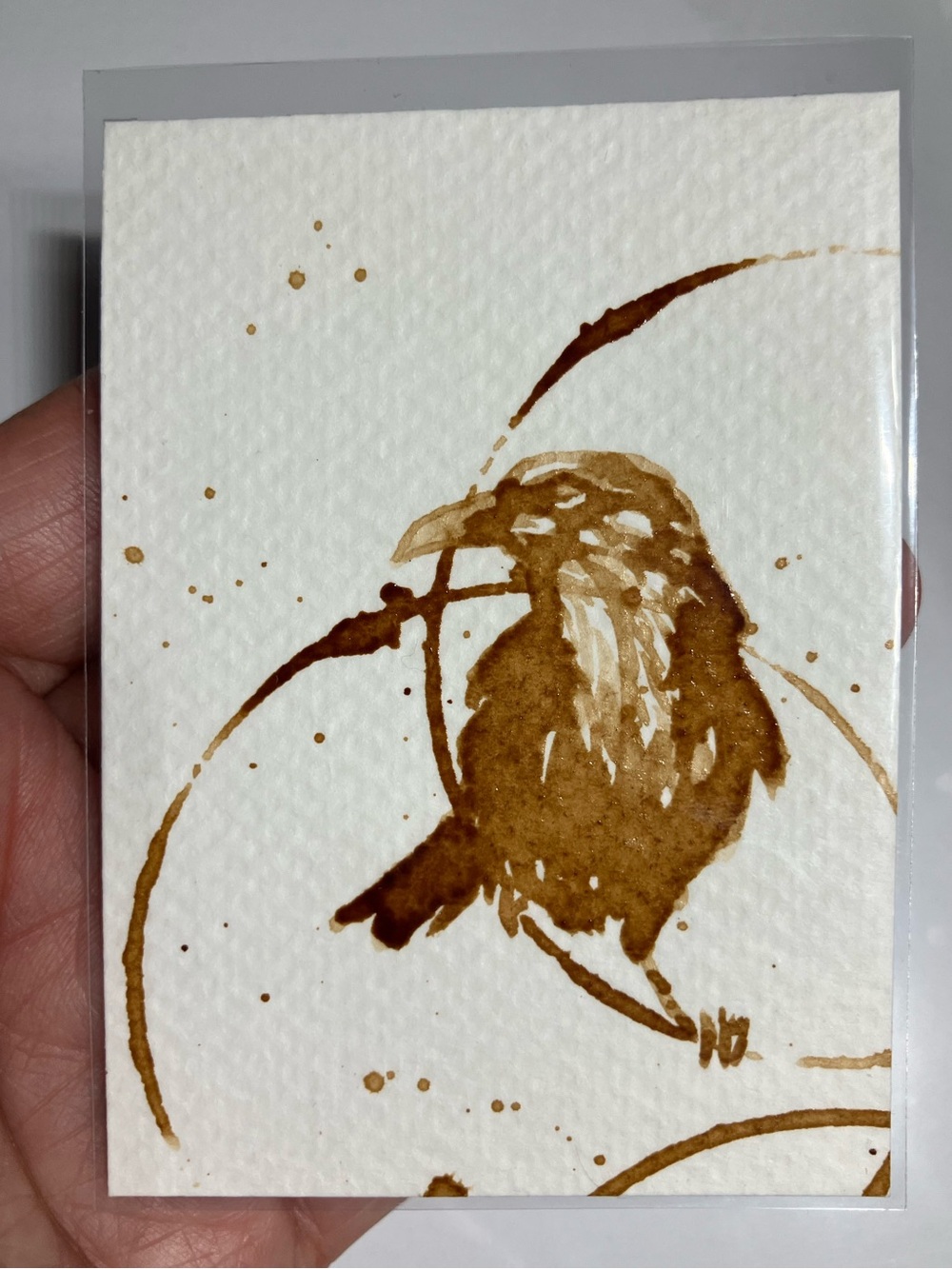Aceo original Raven coffee painting crow miniature ATC fun gift treat yourself